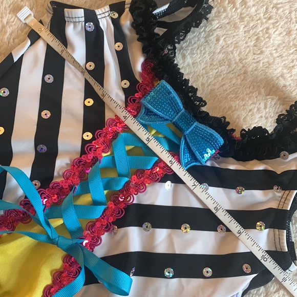 Dansco Leotard MC Black & White w/ Pink Sequin Trim Blue Ribbon EUC Dance - Picture 14 of 14